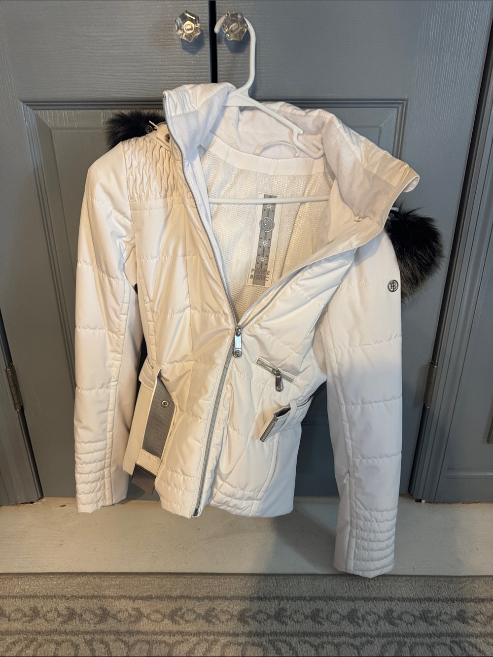 White Quilted Hooded Puffer Jacket with Faux Fur Trim